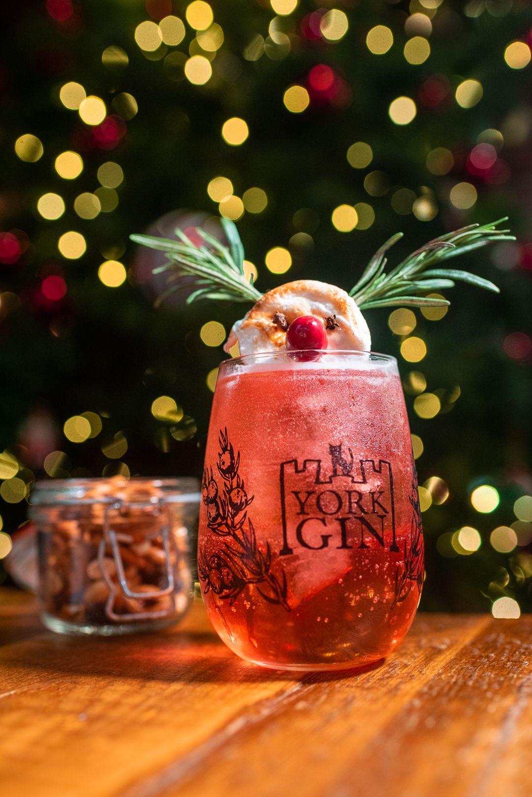 York Gin with reindeer topping in front of Christmas tree