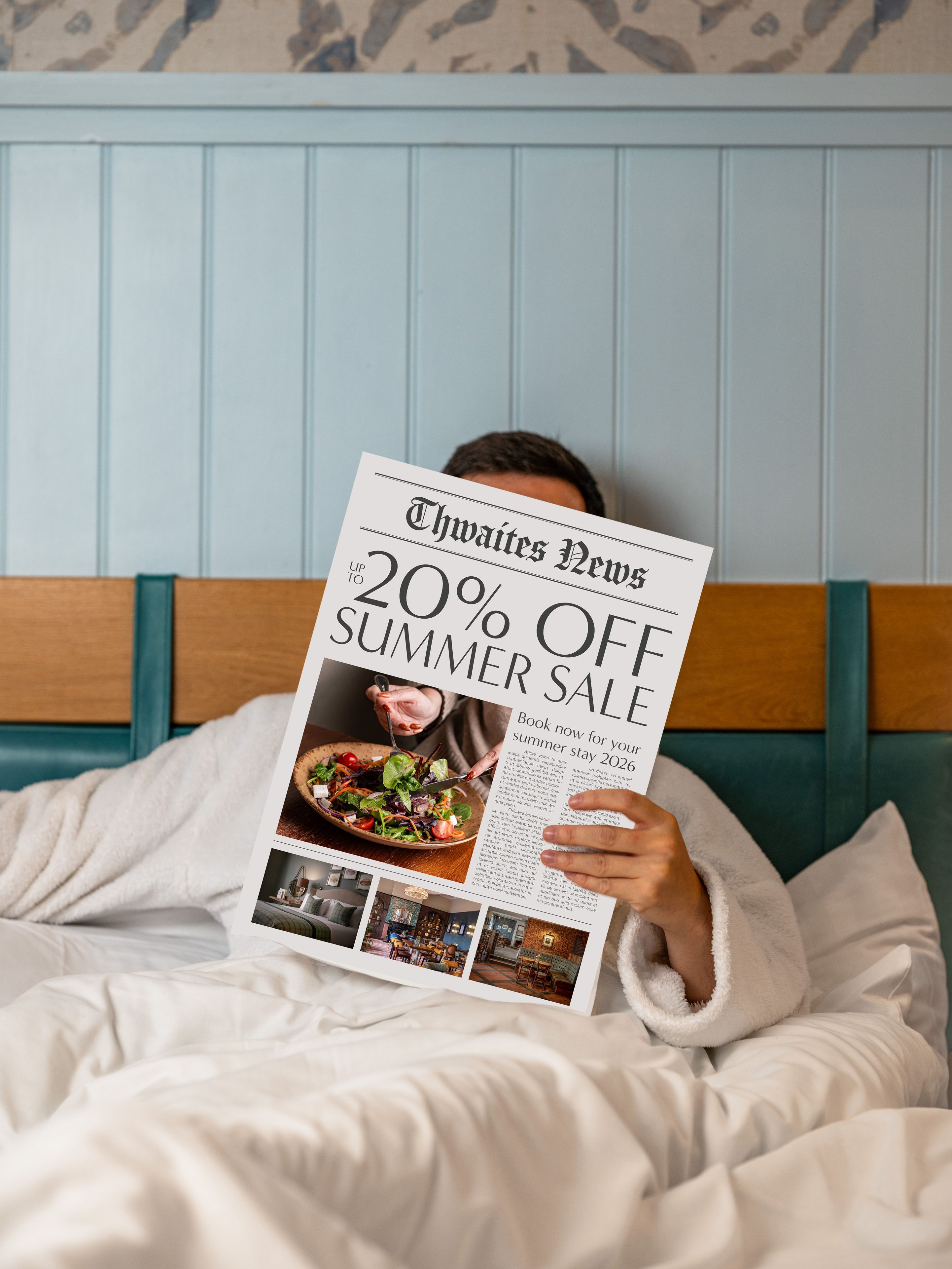 Man reading up to 20% off summer sale newspaper