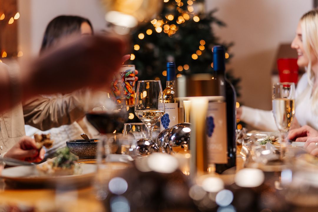 Busy table of drinks at Christmastime